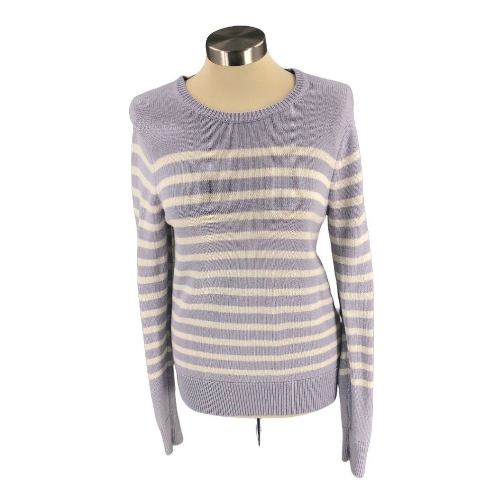 Ann Taylor Women Sweater Small Lilac White Striped Pullover Long Sleeve Side Zip